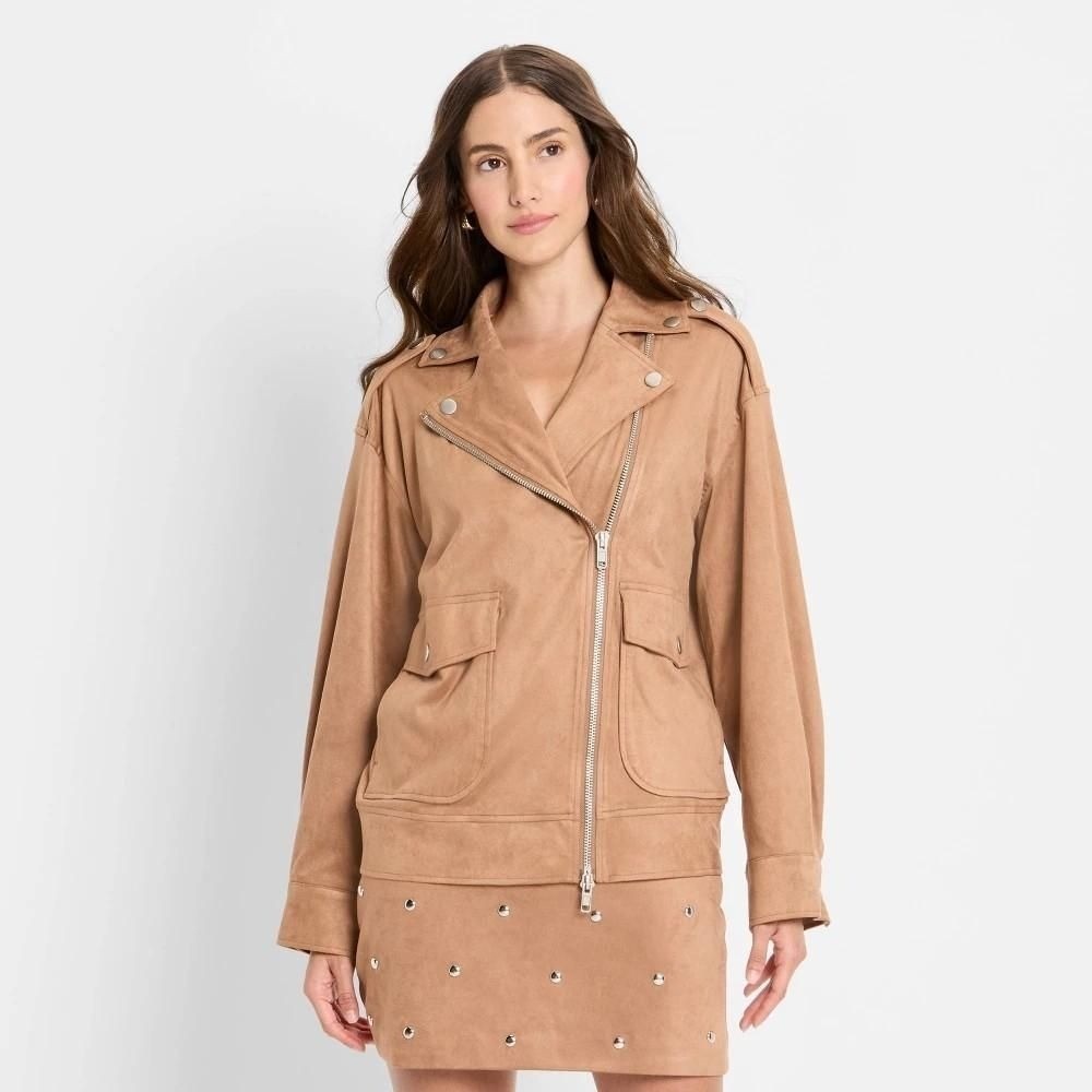 Future Collective Women Brown Faux Suede Relaxed Moto Jacket XS Tunic Length